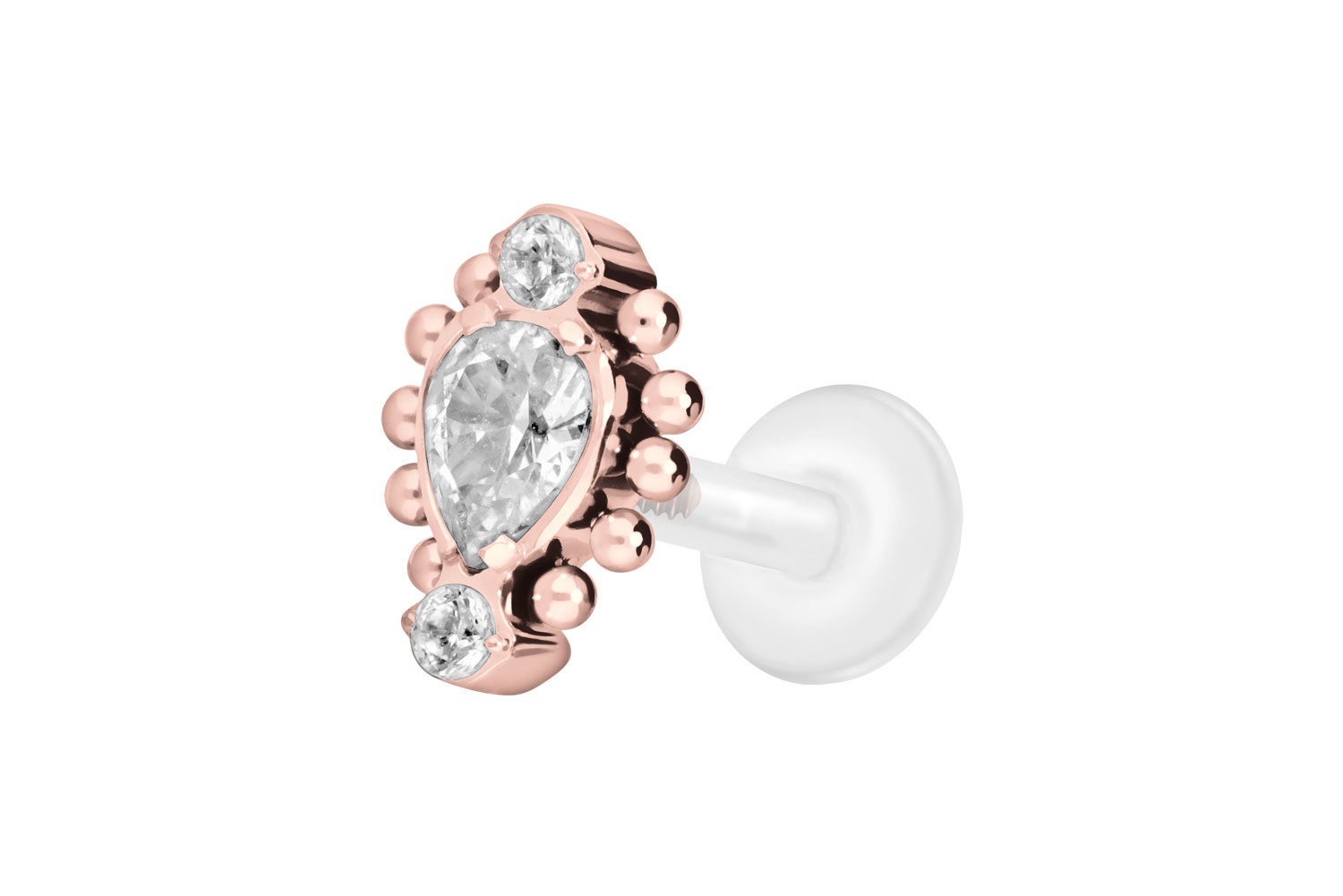 PTFE Labret Piercing mit Innengewinde + Titan-Aufsatz 3 EINGEFASSTE KRISTALLE + KUGELN